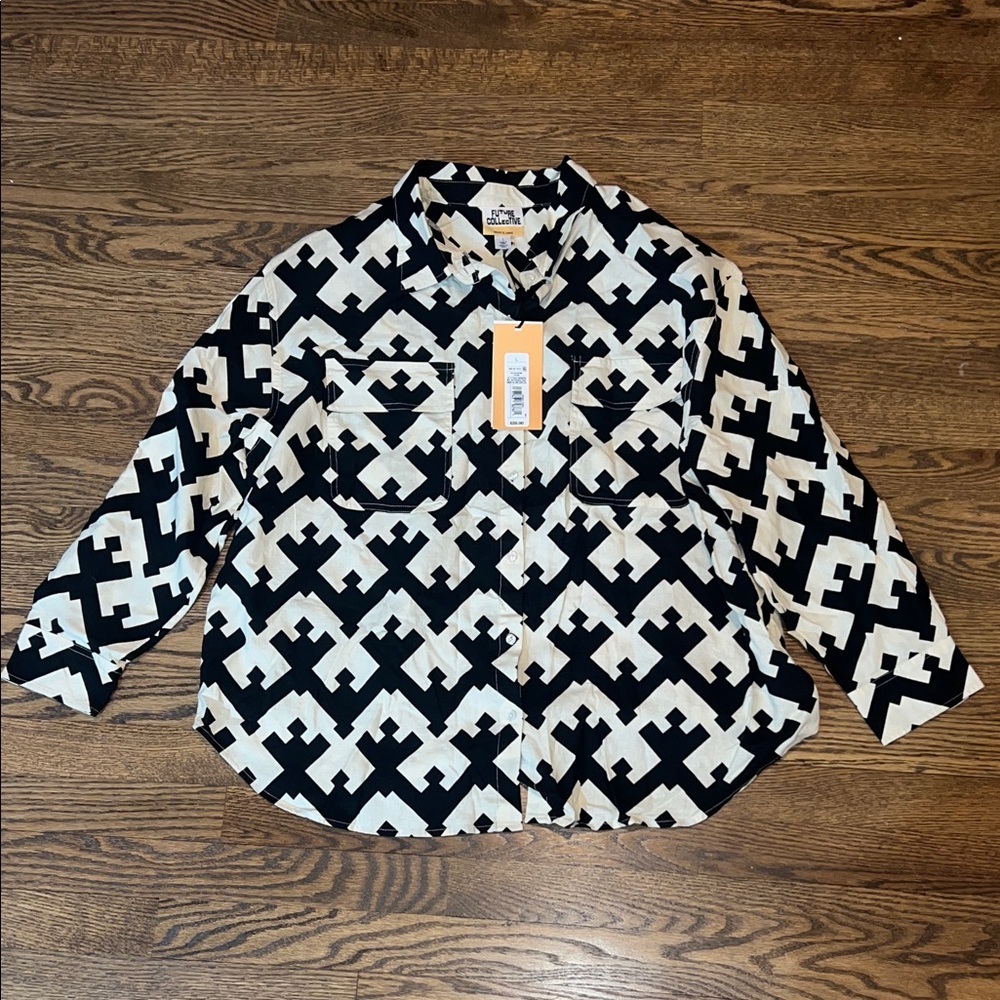 Black and White Geometric Button-Up Shirt